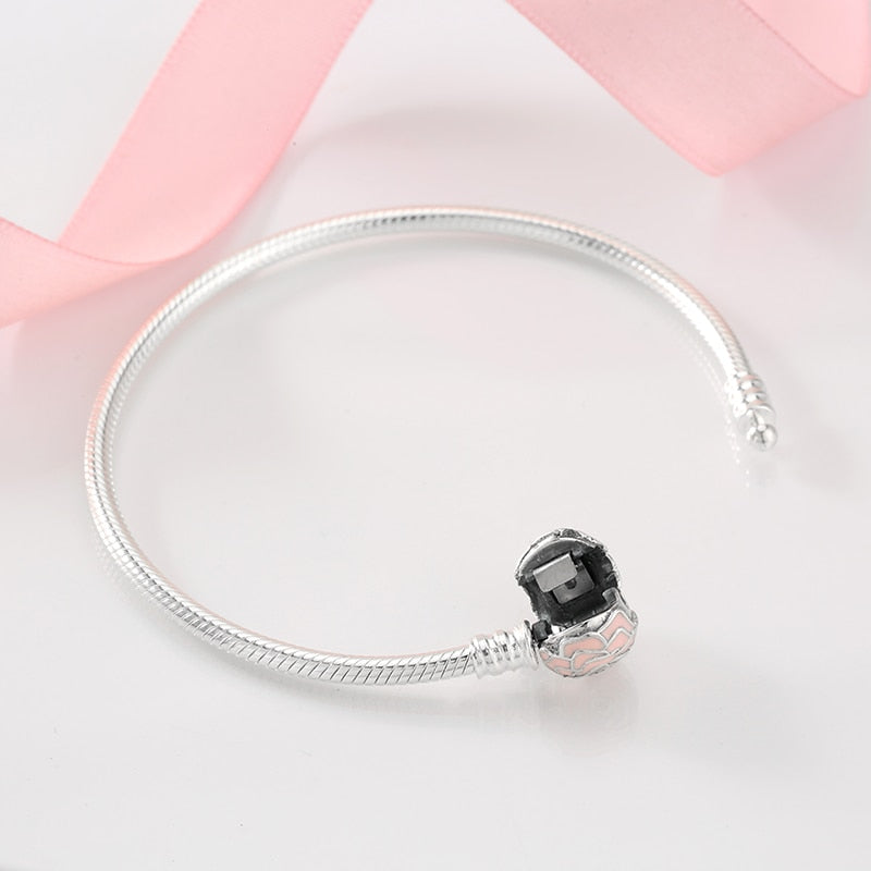 Sterling Silver Snake Chain Bracelet with Pink Rose Clasp - Charmadise