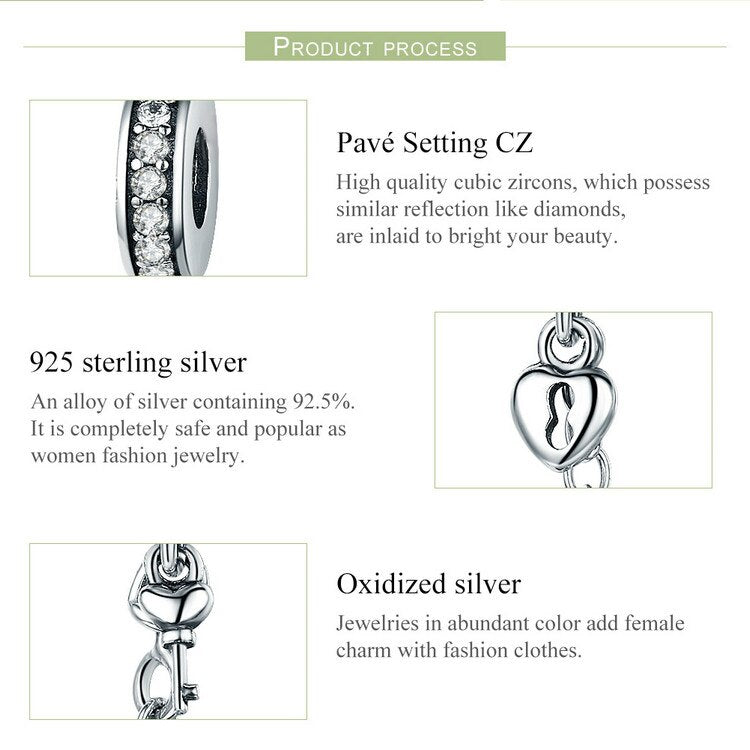 Silver Heart Lock & Key Dangle Safety Chain Charm
