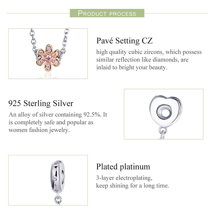 Silver Love Heart & Flower Safety Chain Stopper Charms