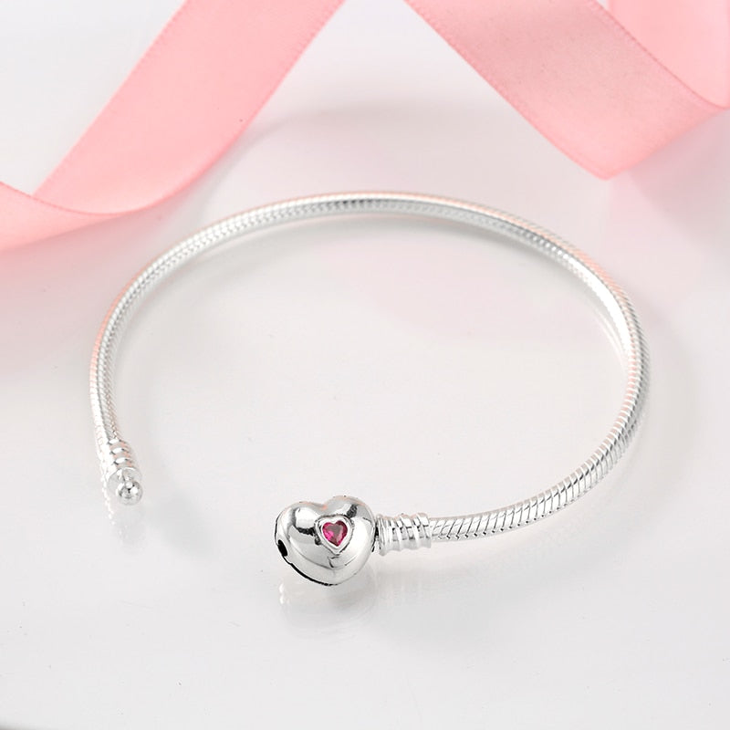 Sterling Silver Snake Chain Bracelet with Red Heart Clasp - Charmadise
