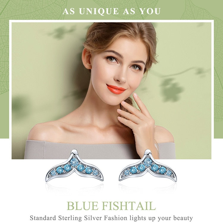 Blue Zircon Mermaid Fishtail Stud Earrings - Charmadise