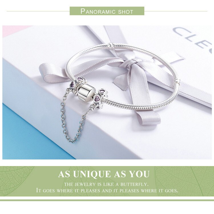Silver Sweet Pink Heart Safety Chain Stopper Charm