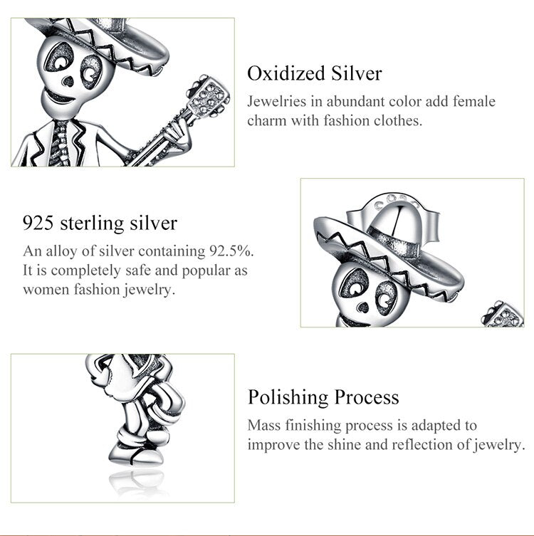 Skull Man with Guitar Sterling Silver stud earring