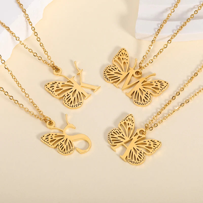 Fluttering Elegance Initial Necklace | Butterfly Necklace Initial Letter Necklace Alphabet Pendant