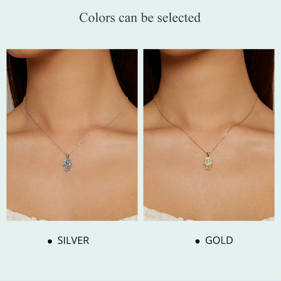 Fatima's Guarding Hand Lucky Pendant Necklaces (Plated Platinum, Sterling Silver)