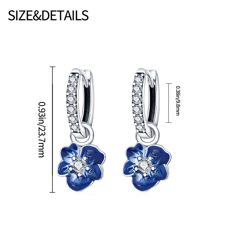 Silver Sparkling Zircon Blue Flower Charm Earrings - Charmadise