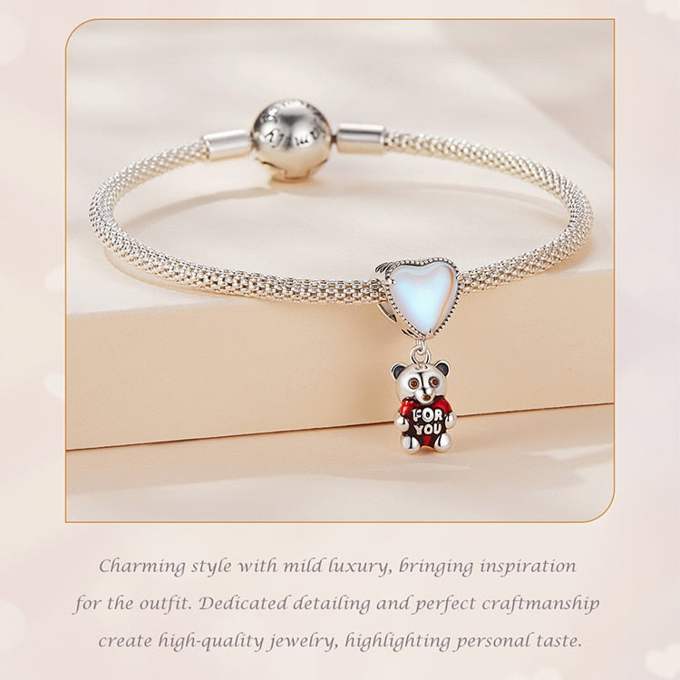 Heart-shaped with Bear Transparent Glass Charm - Charmadise