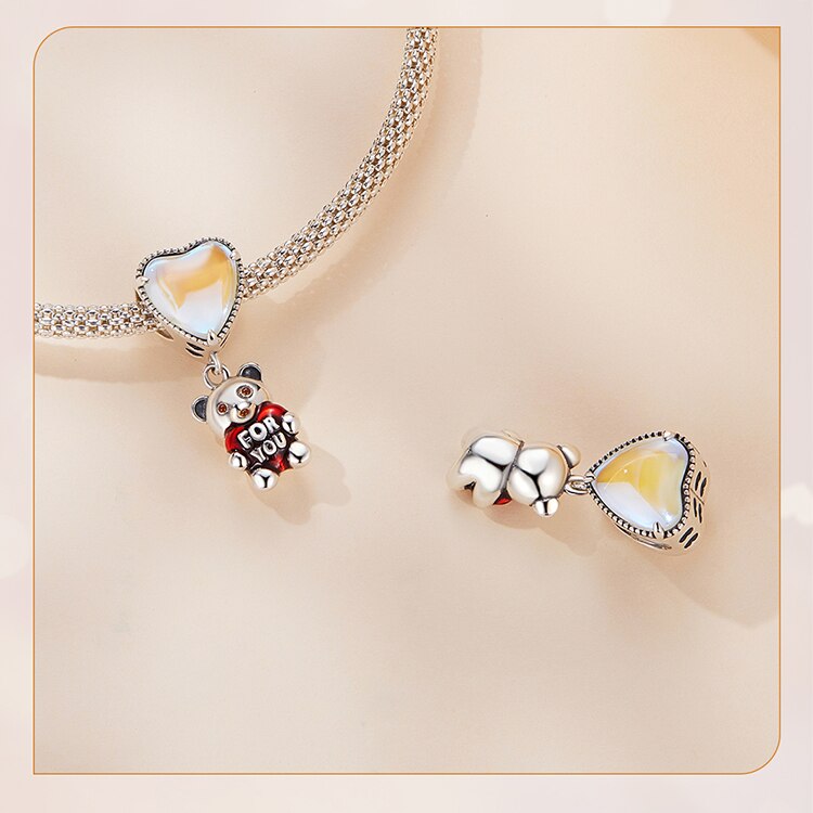 Heart-shaped with Bear Transparent Glass Charm - Charmadise