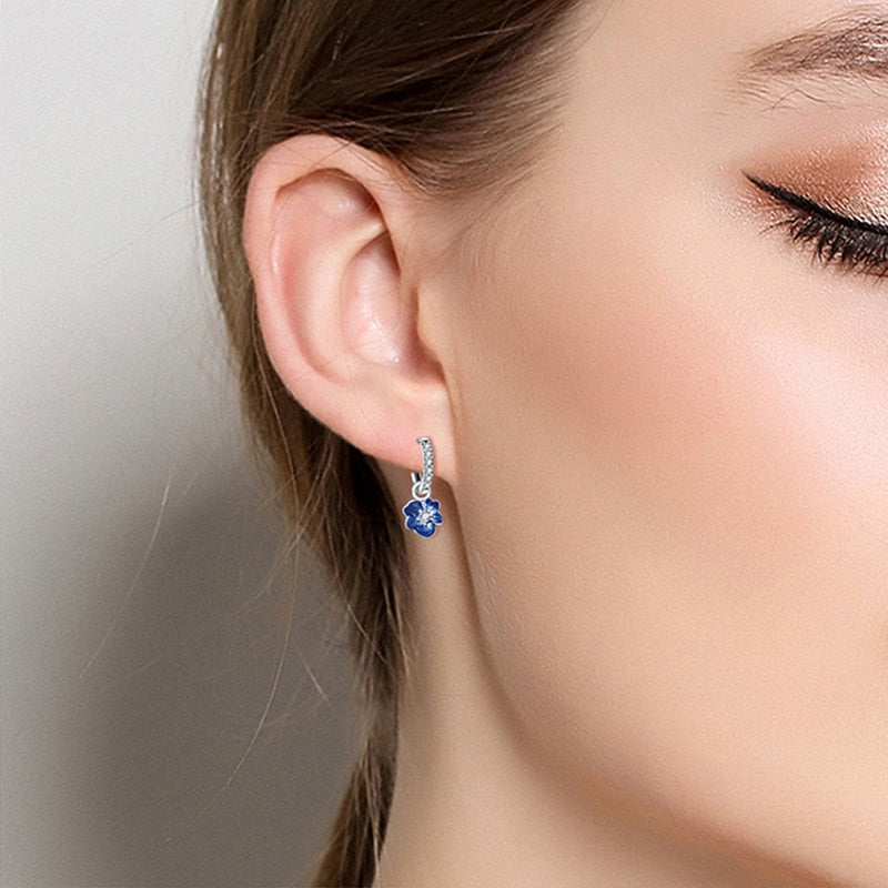 Silver Sparkling Zircon Blue Flower Charm Earrings - Charmadise