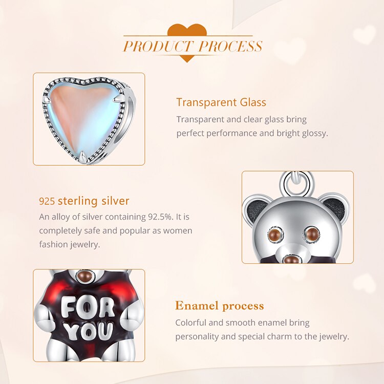 Heart-shaped with Bear Transparent Glass Charm - Charmadise