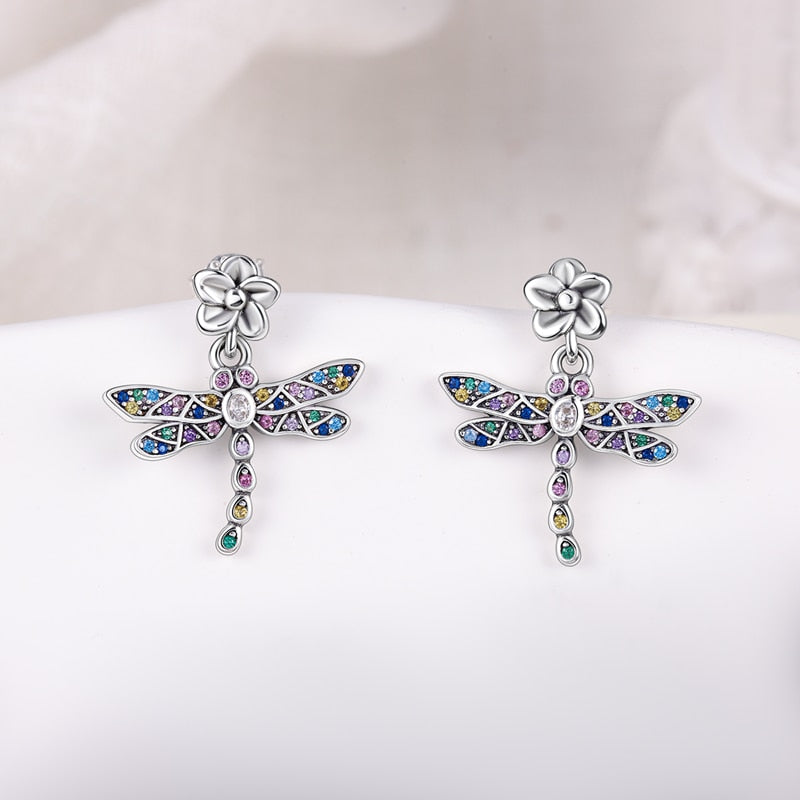 Colorful Zircon Dragonfly Silver Earrings - Charmadise