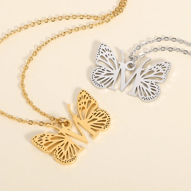 Fluttering Elegance Initial Necklace | Butterfly Necklace Initial Letter Necklace Alphabet Pendant