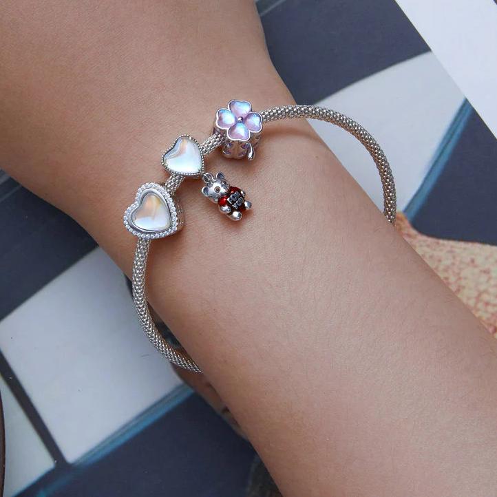 Heart-shaped with Bear Transparent Glass Charm - Charmadise