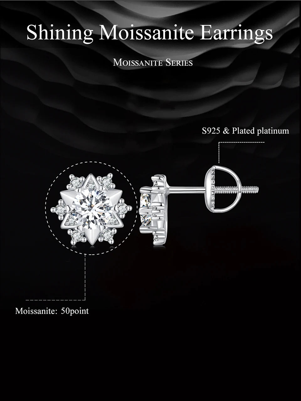 Moissanite Snowflake Stud Earrings (0.5 Carat, 925 Sterling Silver)