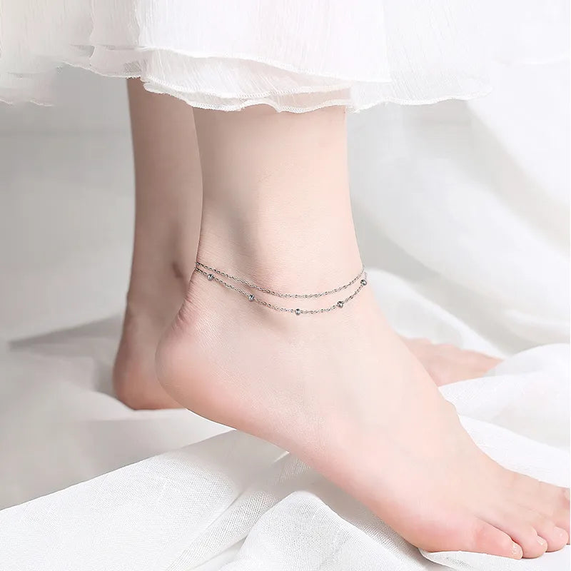 Layered Satellite & Cable Chain Anklets on anklet