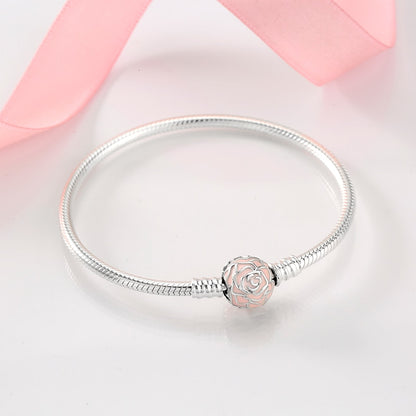 Sterling Silver Snake Chain Bracelet with Pink Rose Clasp - Charmadise