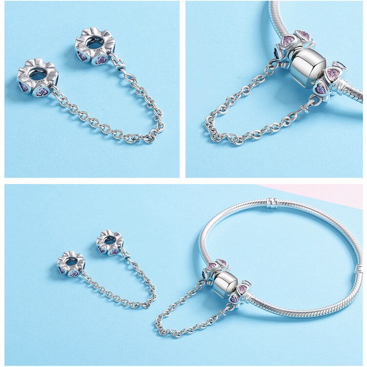 Silver Sweet Pink Heart Safety Chain Stopper Charm