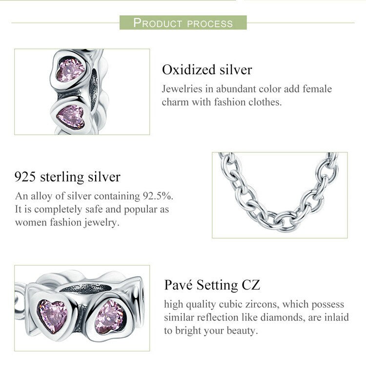 Silver Sweet Pink Heart Safety Chain Stopper Charm