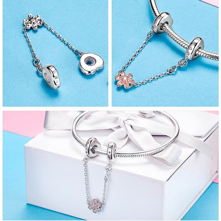 Silver Love Heart & Flower Safety Chain Stopper Charms