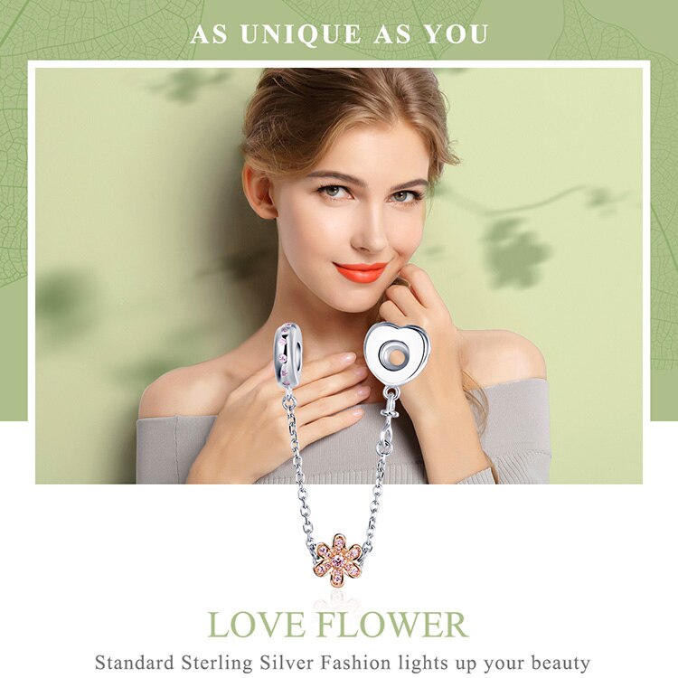Silver Love Heart & Flower Safety Chain Stopper Charms