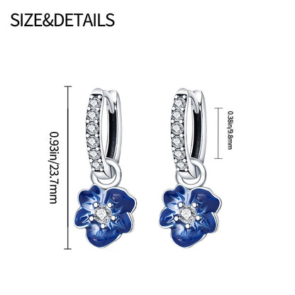 Silver Sparkling Zircon Blue Flower Charm Earrings - Charmadise