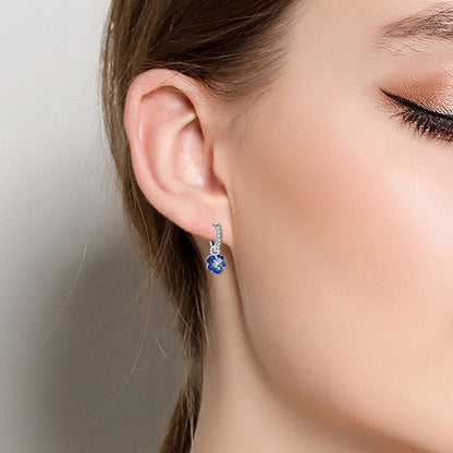 Silver Sparkling Zircon Blue Flower Charm Earrings - Charmadise