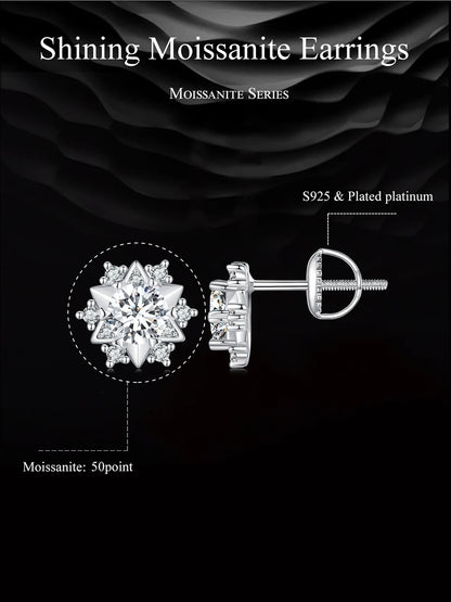 Moissanite Snowflake Stud Earrings (0.5 Carat, 925 Sterling Silver)